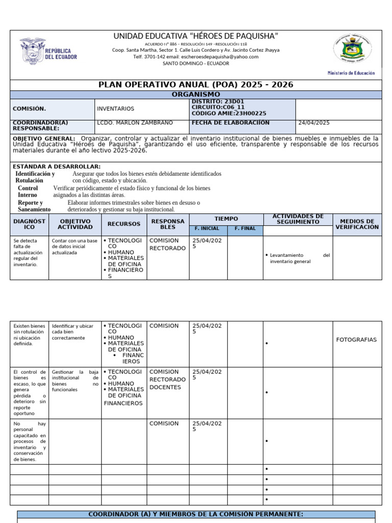 POA 2025-2026 Unidad Educativa Paquisha | PDF