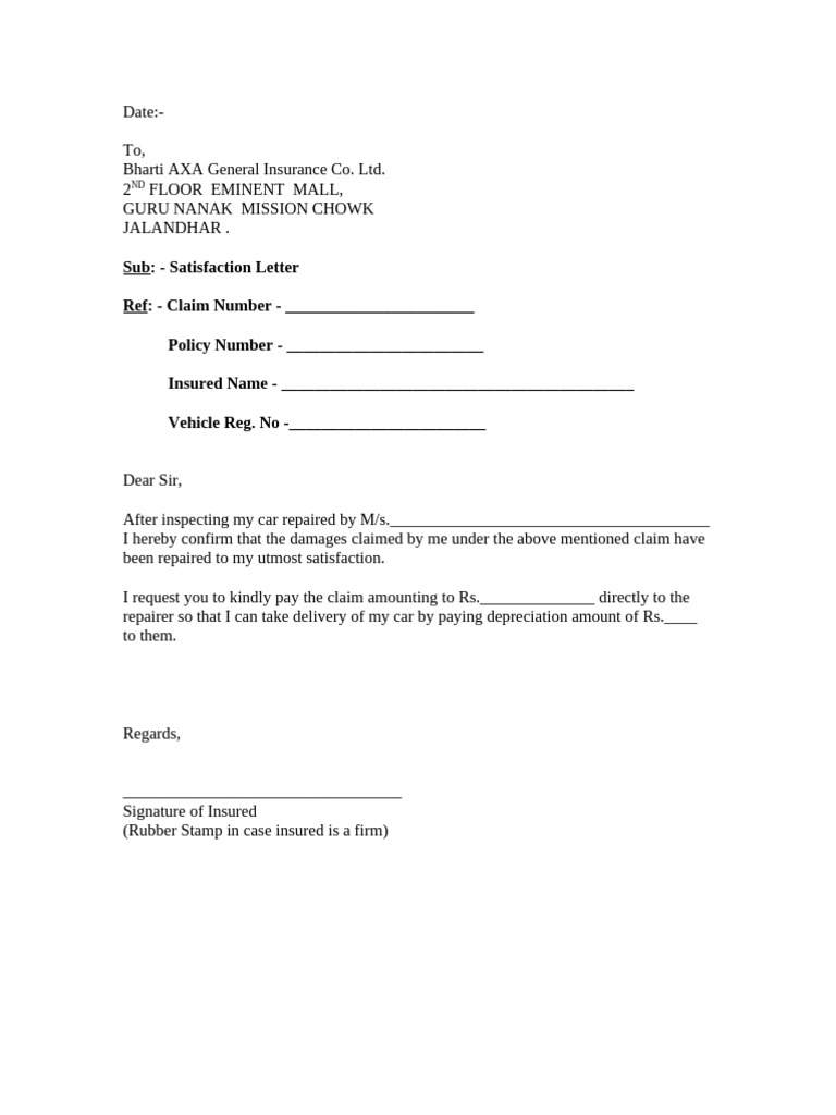 Bharti AXA Satisfaction Letter Template | PDF