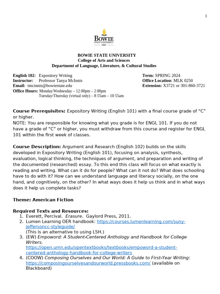 English 102 Syllabus: Spring 2024 | PDF | Information | Analysis