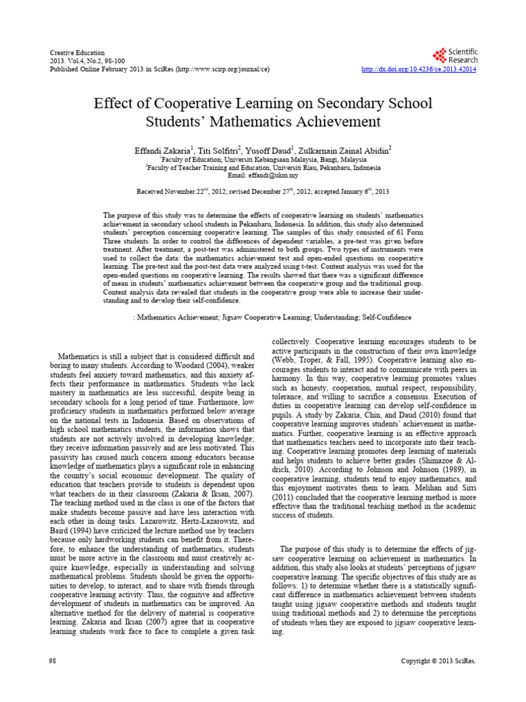 Impact of Cooperative Learning on Math Success | PDF | P Value | Teachers