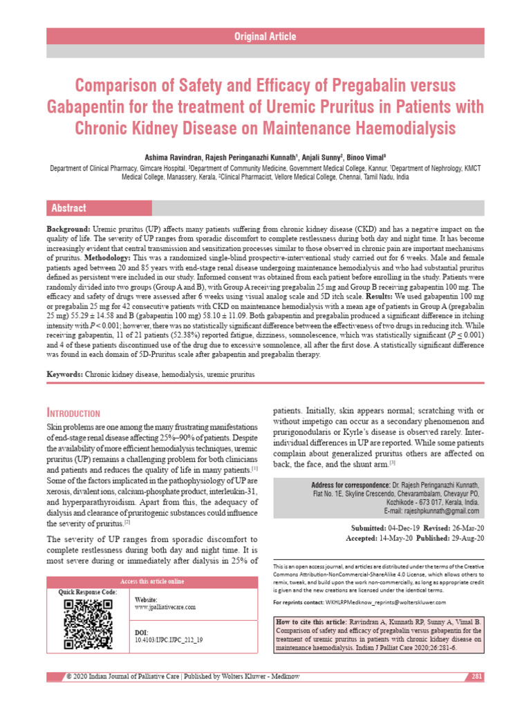 Efficacy of Pregabalin vs Gabapentin for Uremic Pruritus | PDF ...