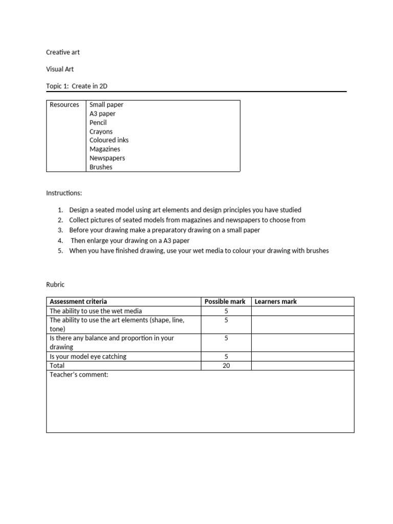 Grade 8 Term 3 Visual Art Activities | PDF