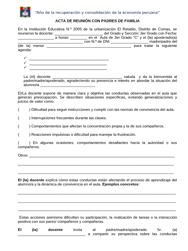 Acta de Reunión con Padres de Familia | PDF | Comportamiento | Salón de ...