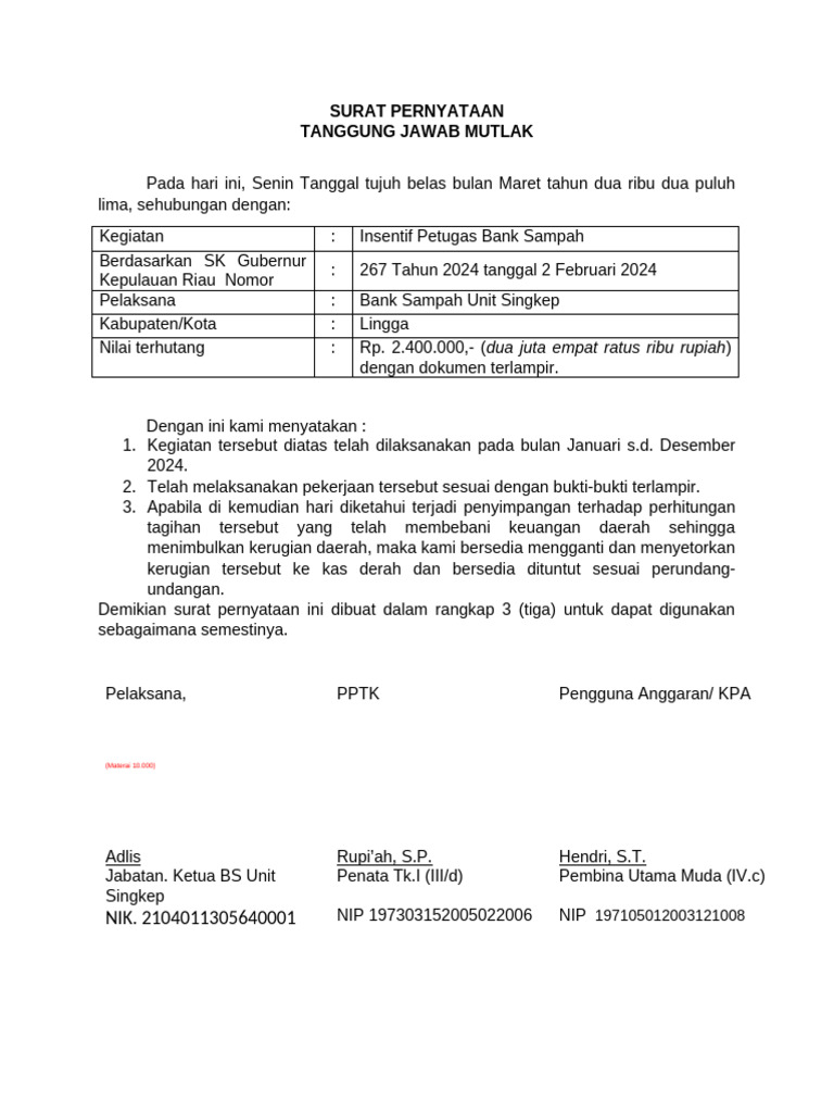 SURAT PERNYATAAN BS Unit Singkep | PDF