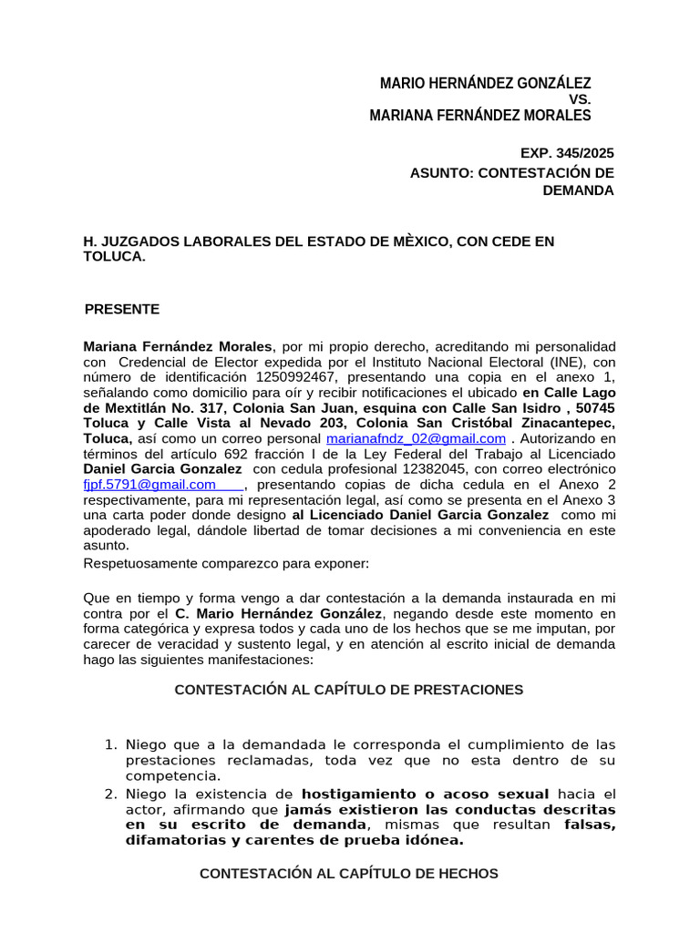Contestación de Demanda Laboral | PDF | México | Acoso