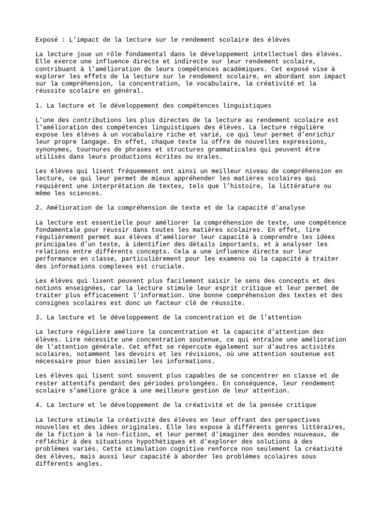 Impact de la lecture sur le rendement scolaire | PDF | Attention ...
