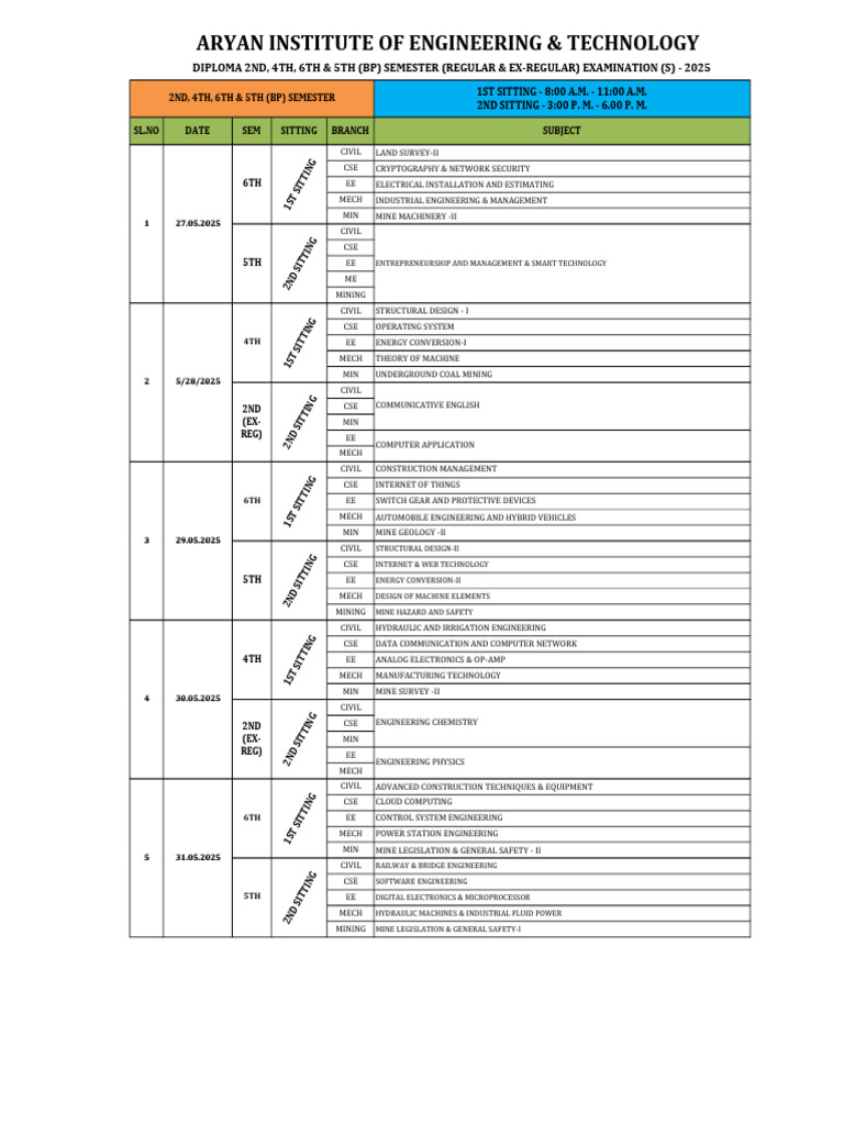 Aryan Institute Exam Schedule 2025 | PDF | Engineering | Computing