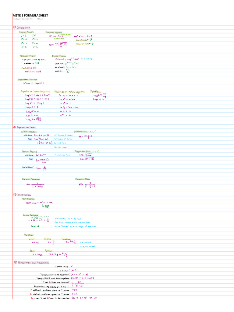 Mste 1 Formula Sheet | PDF