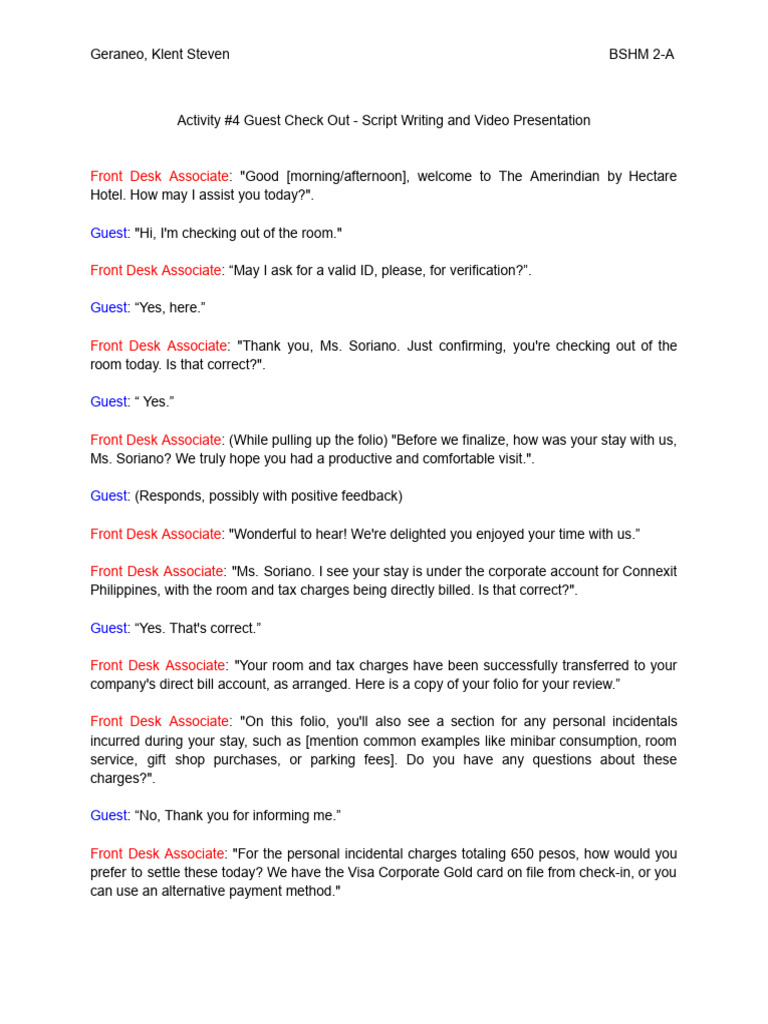 Activity #4 Guest Check Out-Scriptwriting and Video Presentation | PDF ...