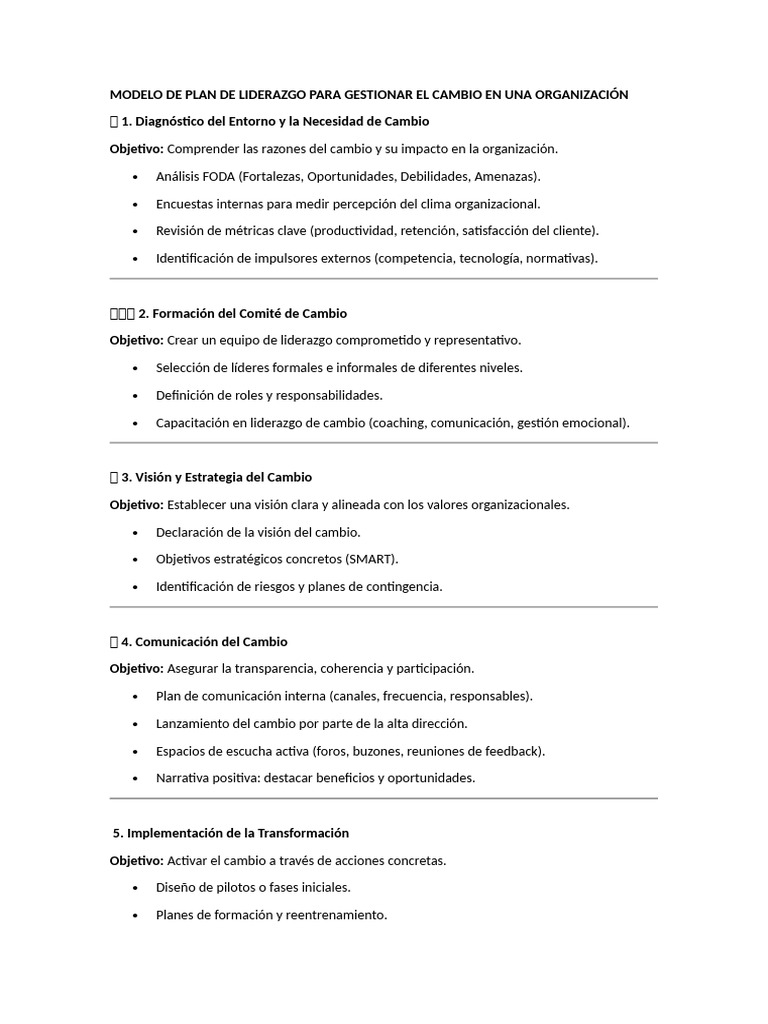 Plan de Liderazgo para el Cambio Organizacional | PDF | Liderazgo ...