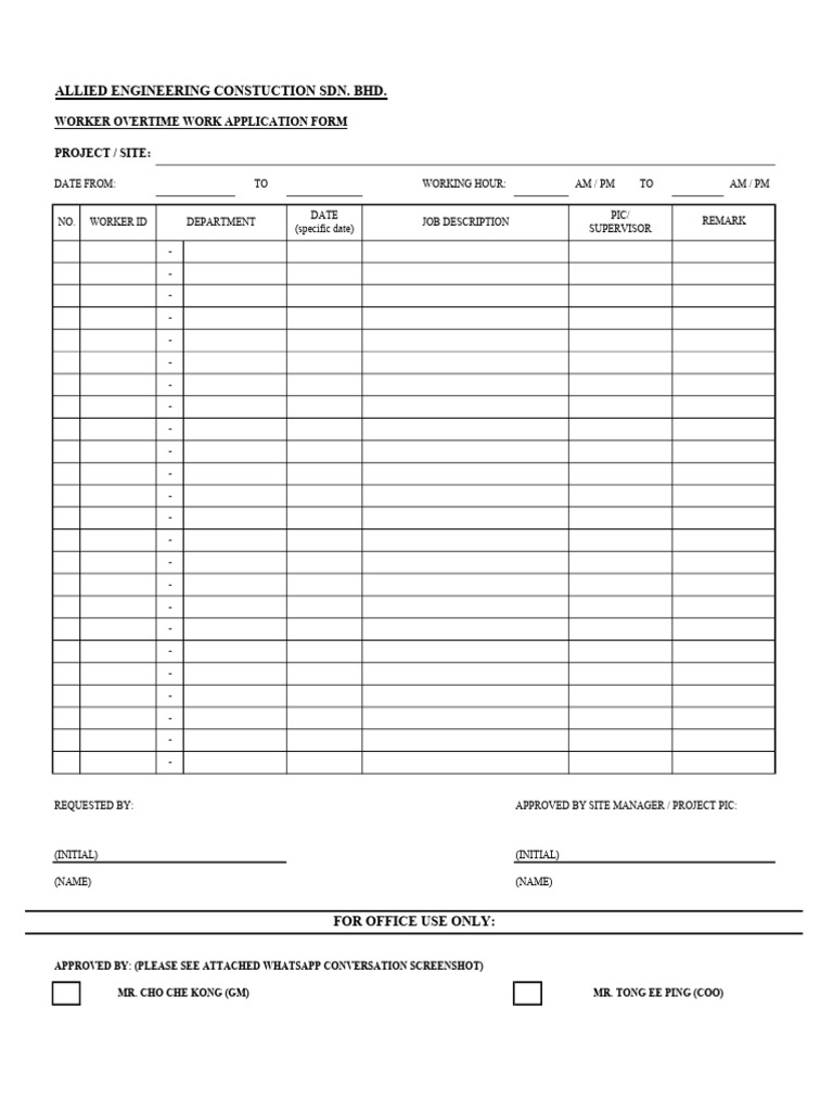 Worker OT Application Form-1 | PDF