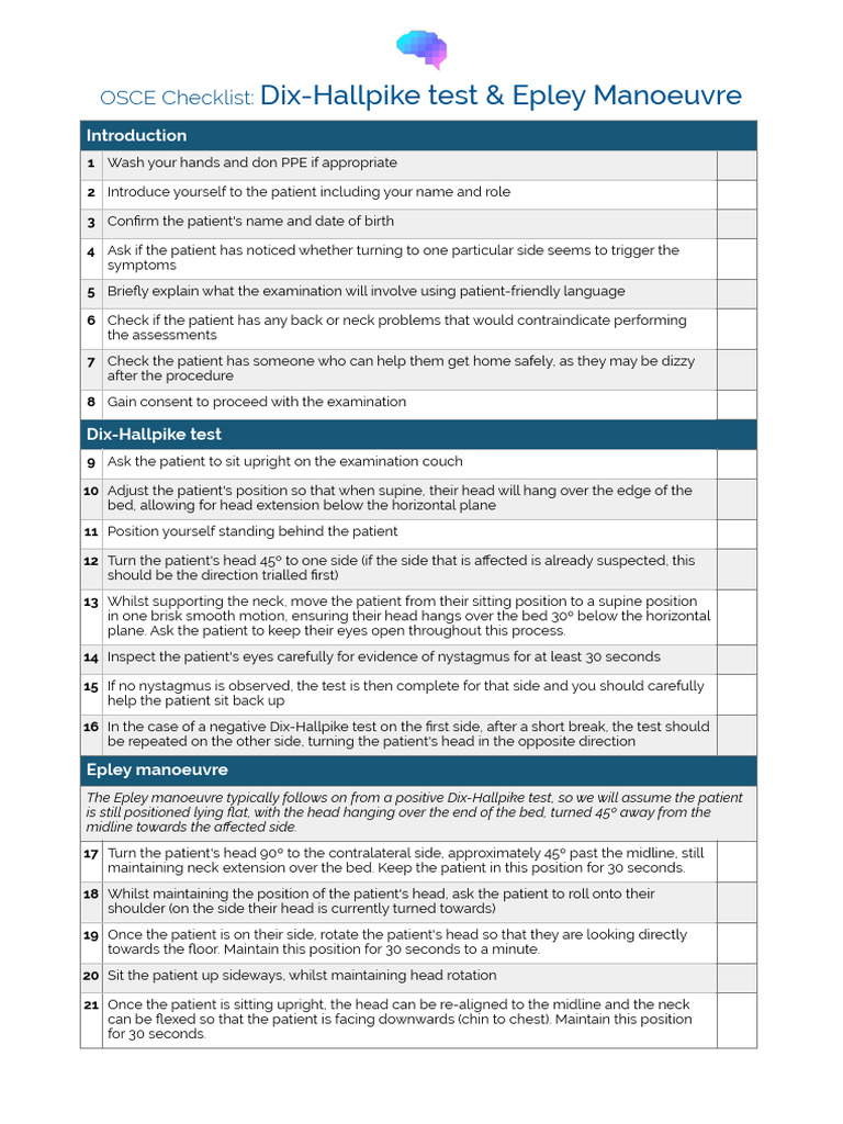 Dix-Hallpike & Epley Test Guide | PDF | Diseases And Disorders ...