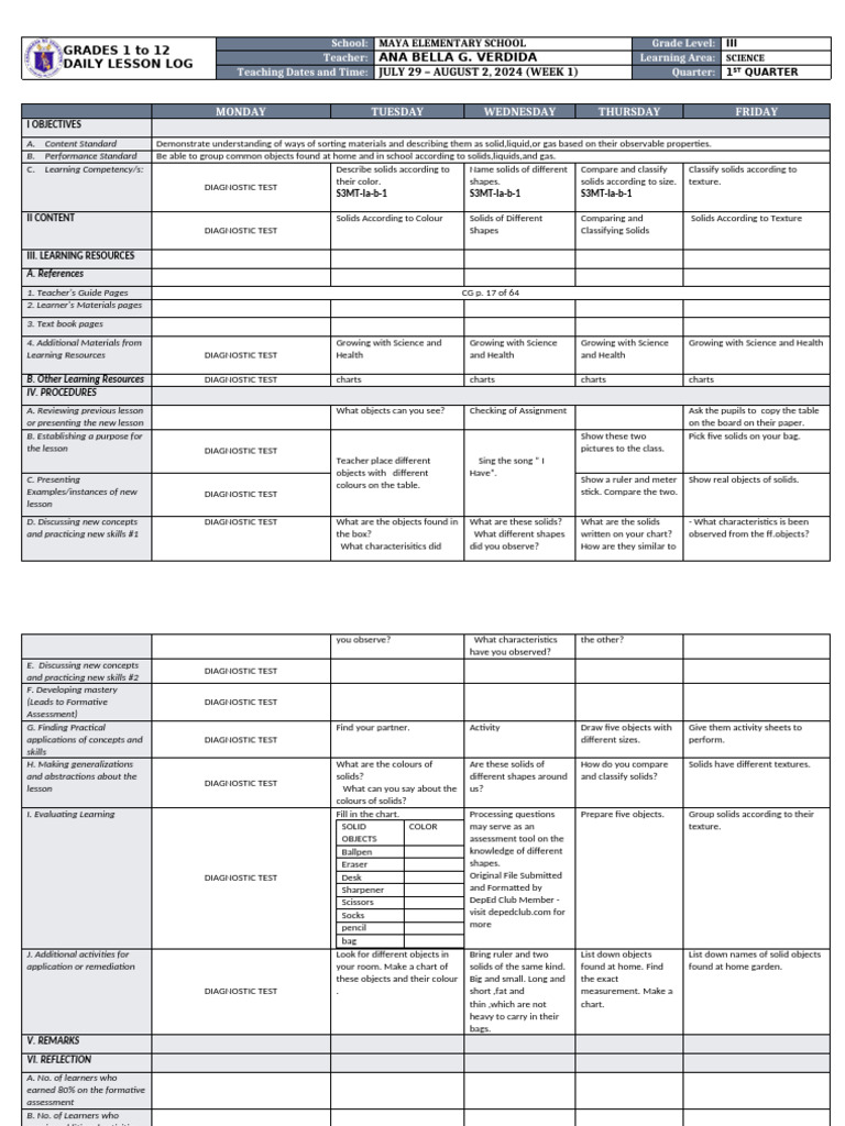 Grade 3 Science Daily Lesson Plan | PDF | Teachers | Learning