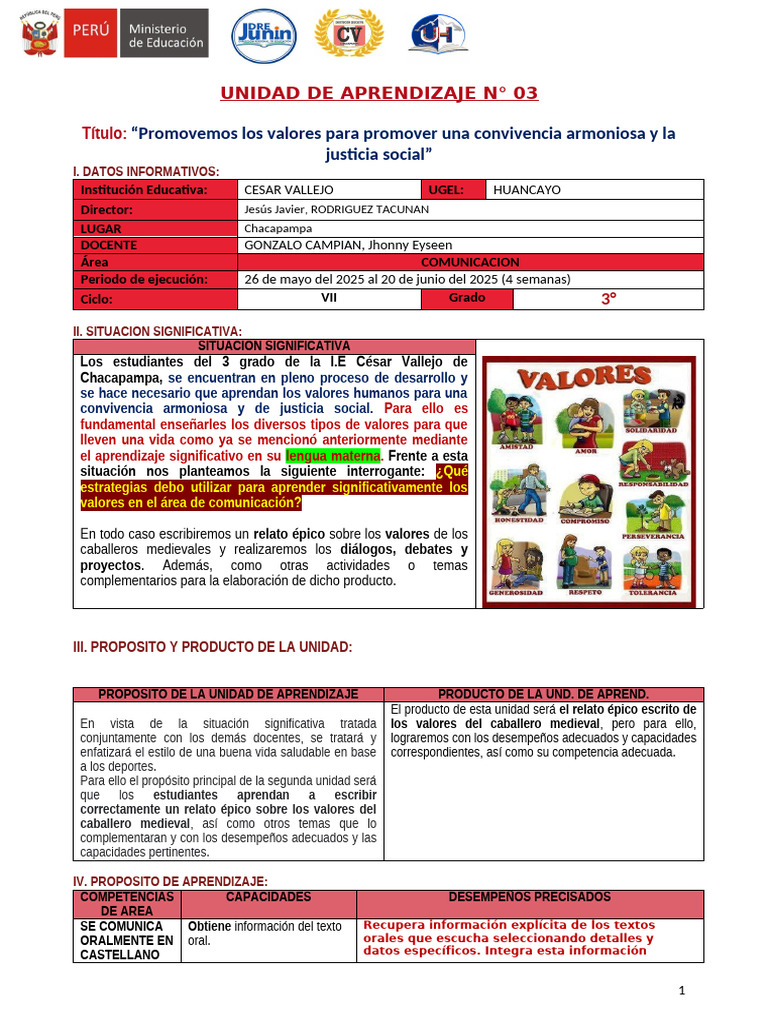 3° UNIDAD DE APRENDIZAJE DE COMUNICACION 3 - 2025 - Cesar Vallejo | PDF ...