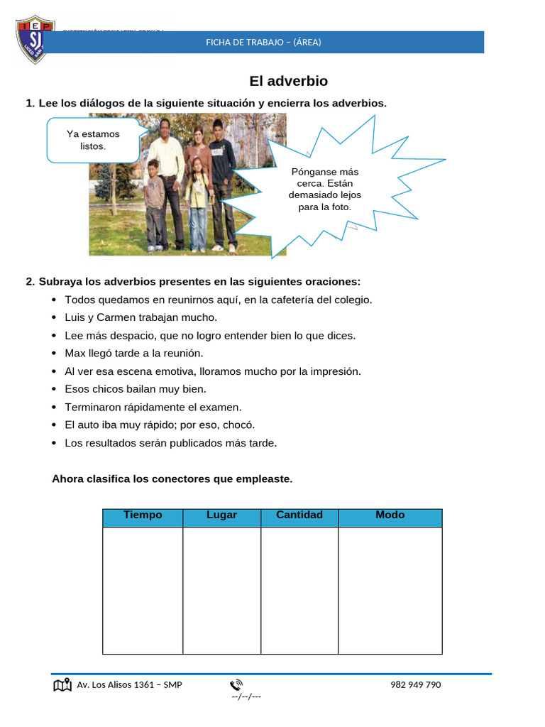 Ficha de Trabajo El Adverbio 5° | PDF