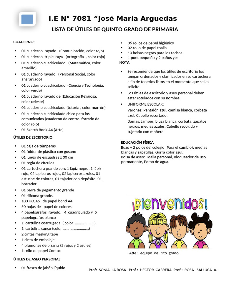 Lista de útiles para quinto grado 2023 | PDF | Color | Tecnicas artisticas