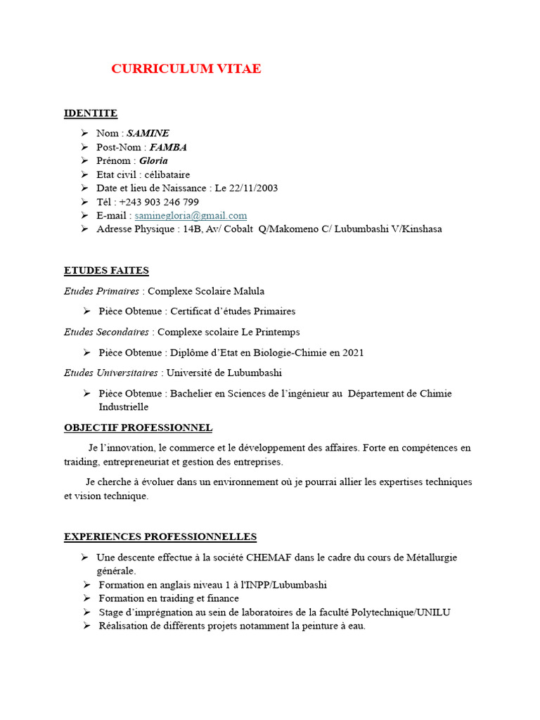 CV de Gloria Samine Famba | PDF