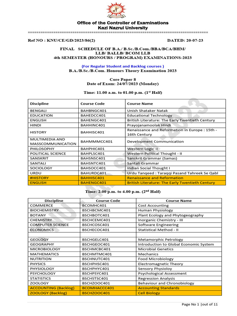 2023 Exam Schedule for Honours Courses | PDF | Science | Zoology
