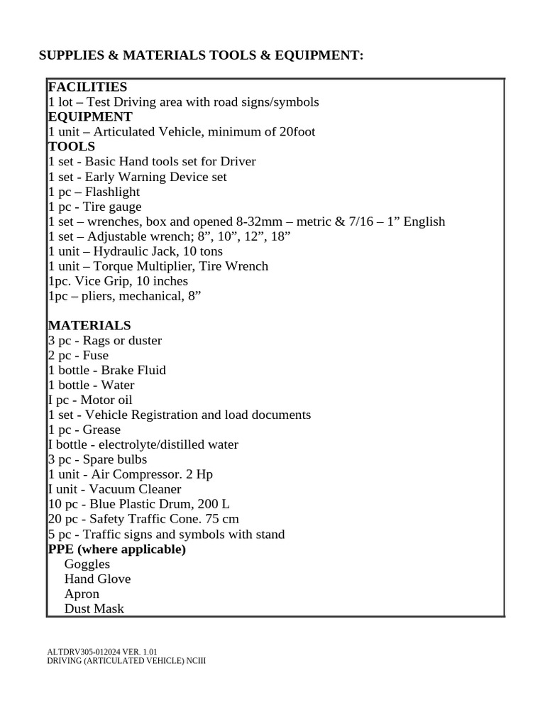 LIst of Tools - Articulated Vehicle | PDF