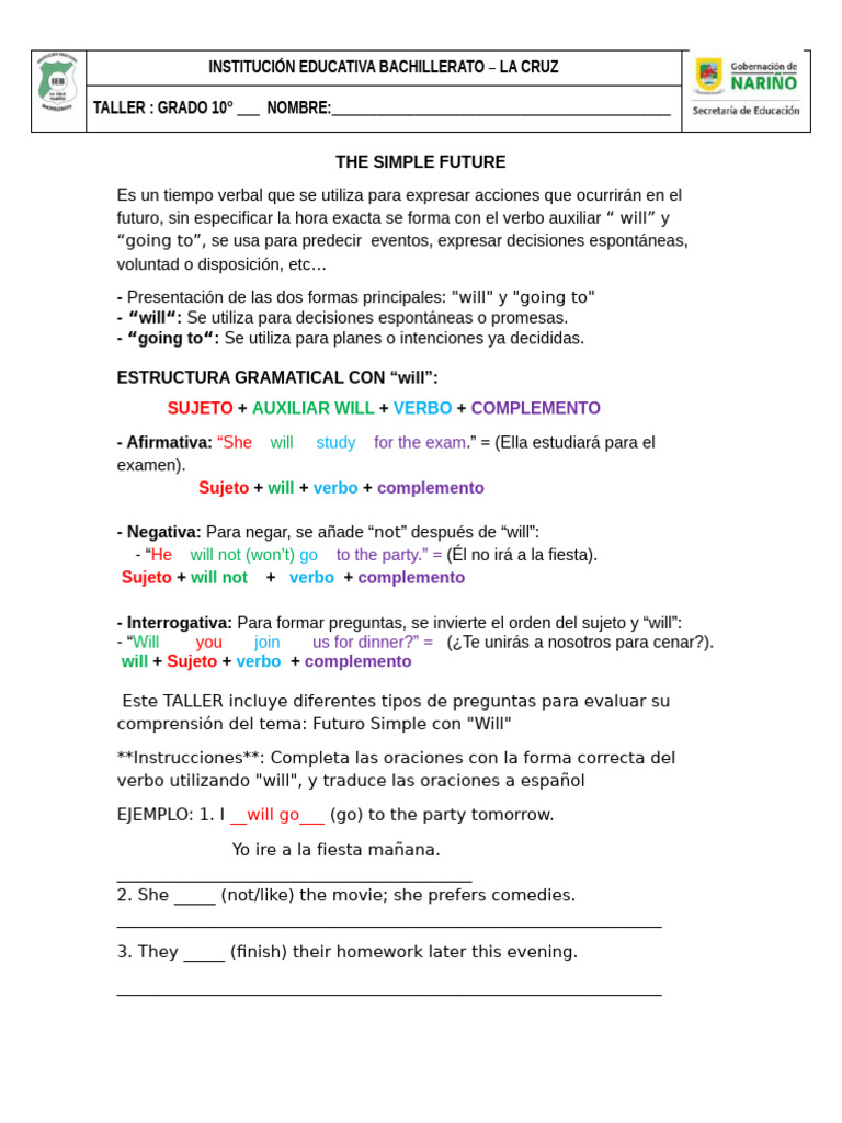 Ejercicios de Futuro Simple con Will | PDF | Verbo | Asunto (gramática)