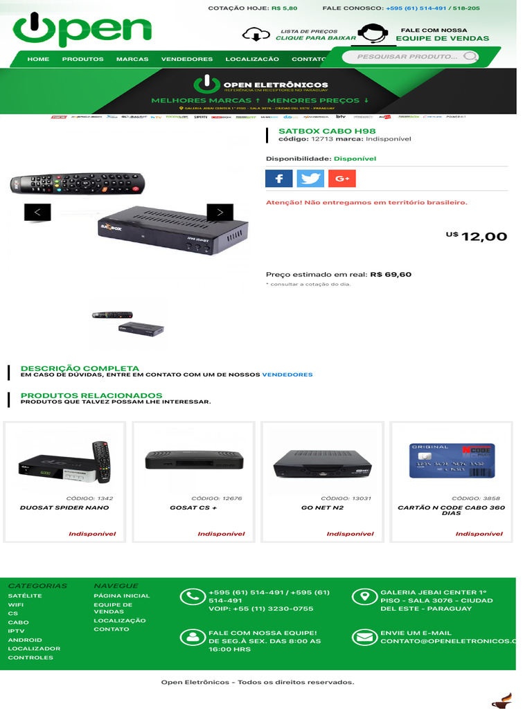 Satbox Cabo H98 - Disponível para Compra | PDF