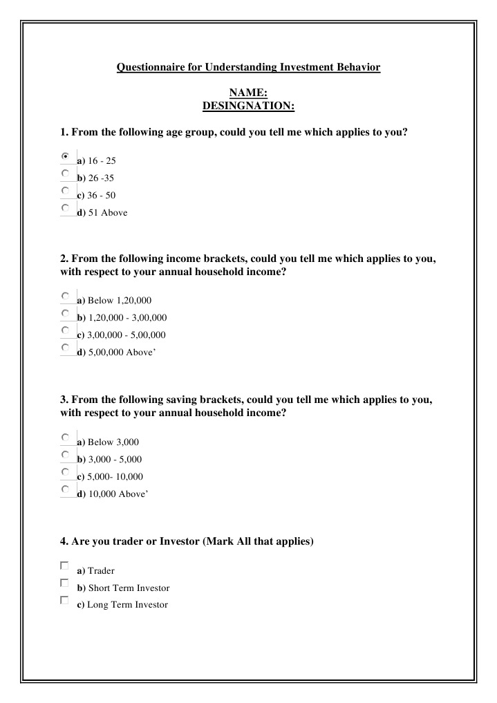 Questionnaire For Understanding Investor Behaviour PDF Investor
