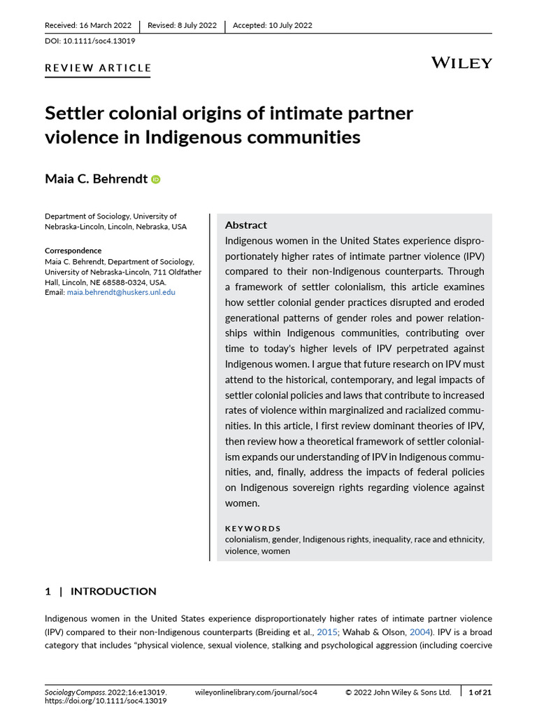 Settler Colonialism and IPV in Indigenous Women | PDF | Violence ...