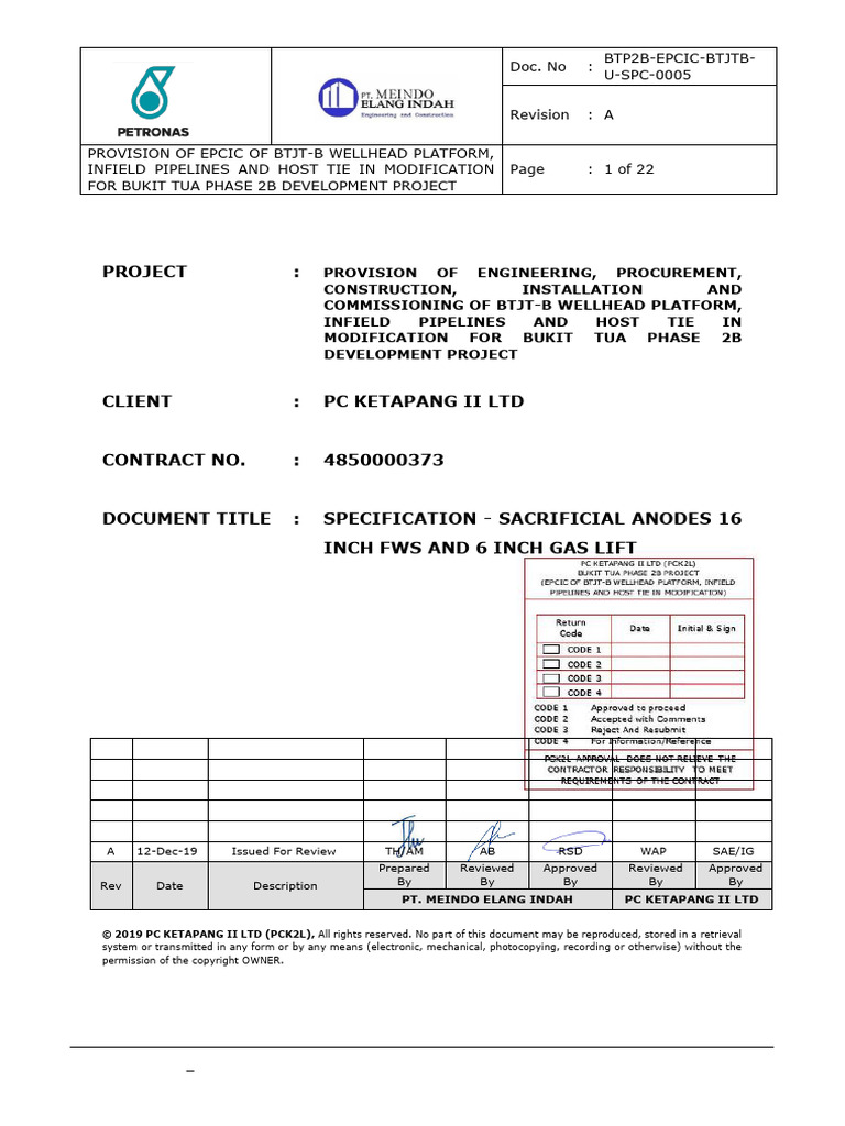 BTP2B-EPCIC-BTJTB-U-SPC-0005 - A - Spec Anode (IFR) | PDF | Corrosion ...