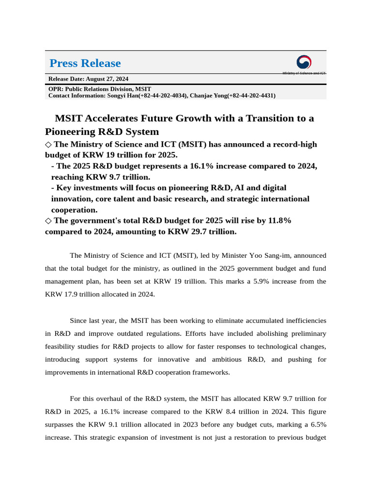 MSIT's 2025 R&D Budget Overview | PDF | Research And Development ...
