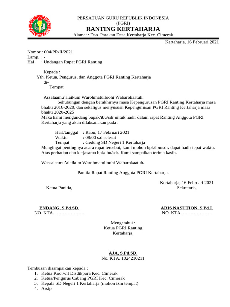 Undangan Rapat PGRI Ranting Kertaharja | PDF