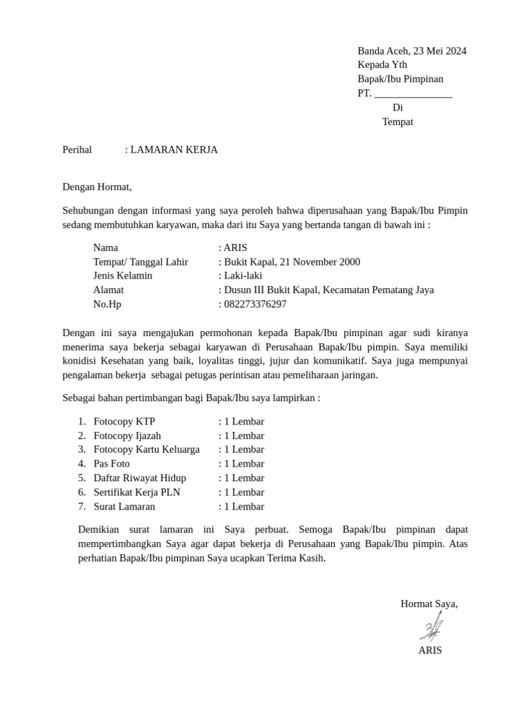 Lamaran Kerja Aris di PT. ____________ | PDF