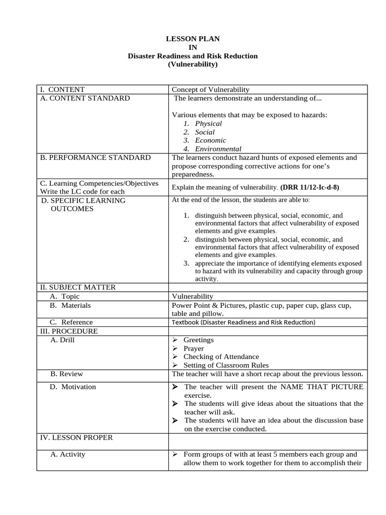LESSON PLAN IN Disaster Readiness and Ri | PDF | Hazards | Vulnerability