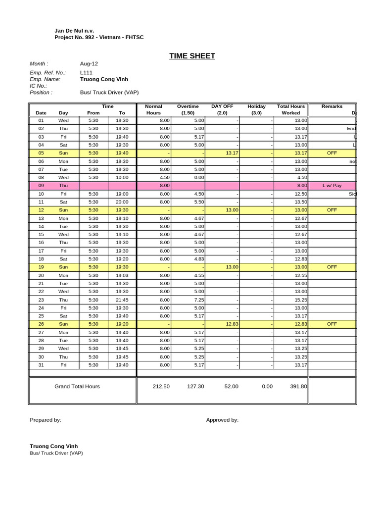 Driver Time Sheet for August 2012 | PDF | Vietnam