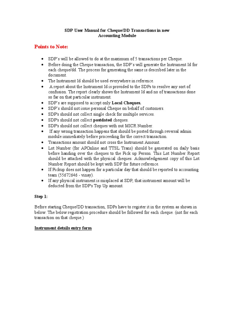 SDP Manual for Cheque Transactions | PDF | Cheque | Banking