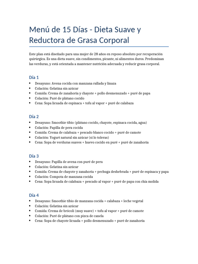 Menú Suave de 15 Días para Recuperación | PDF | Sopa | lactoso
