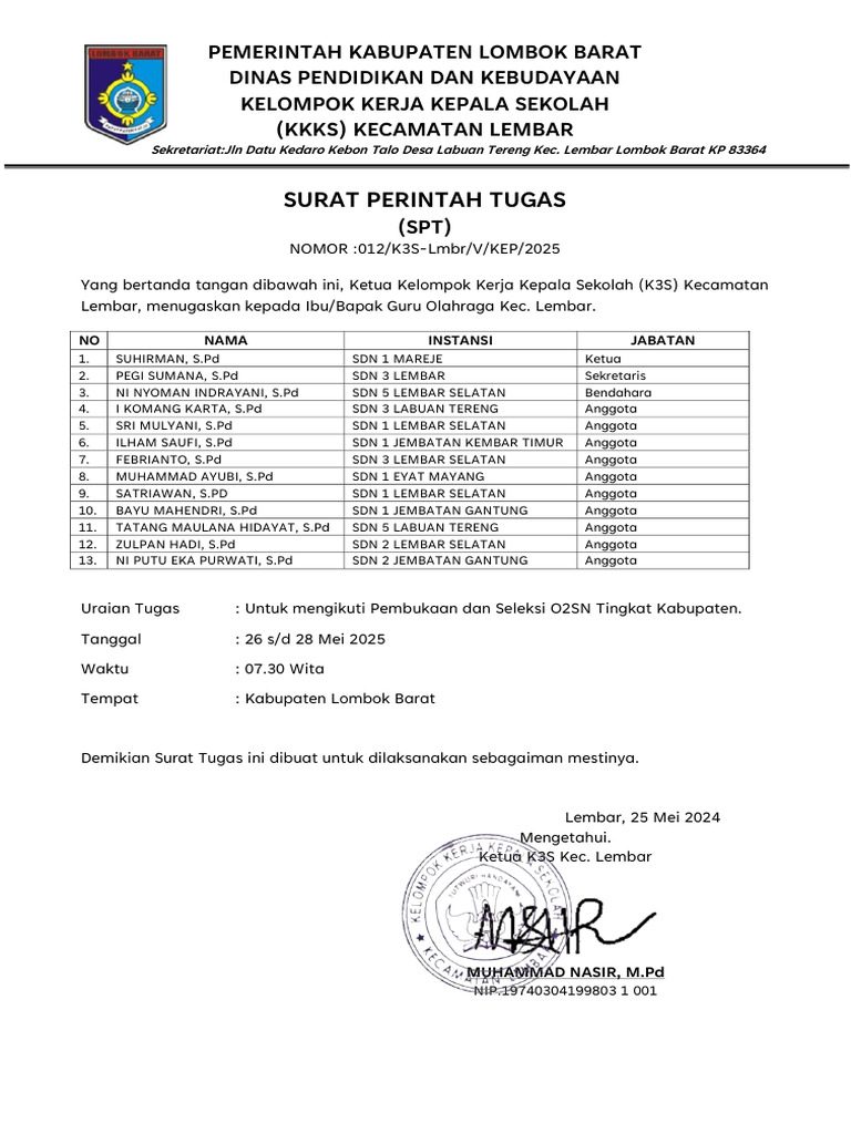 Surat Tugas O2SN Kec. Lembar 2025 | PDF
