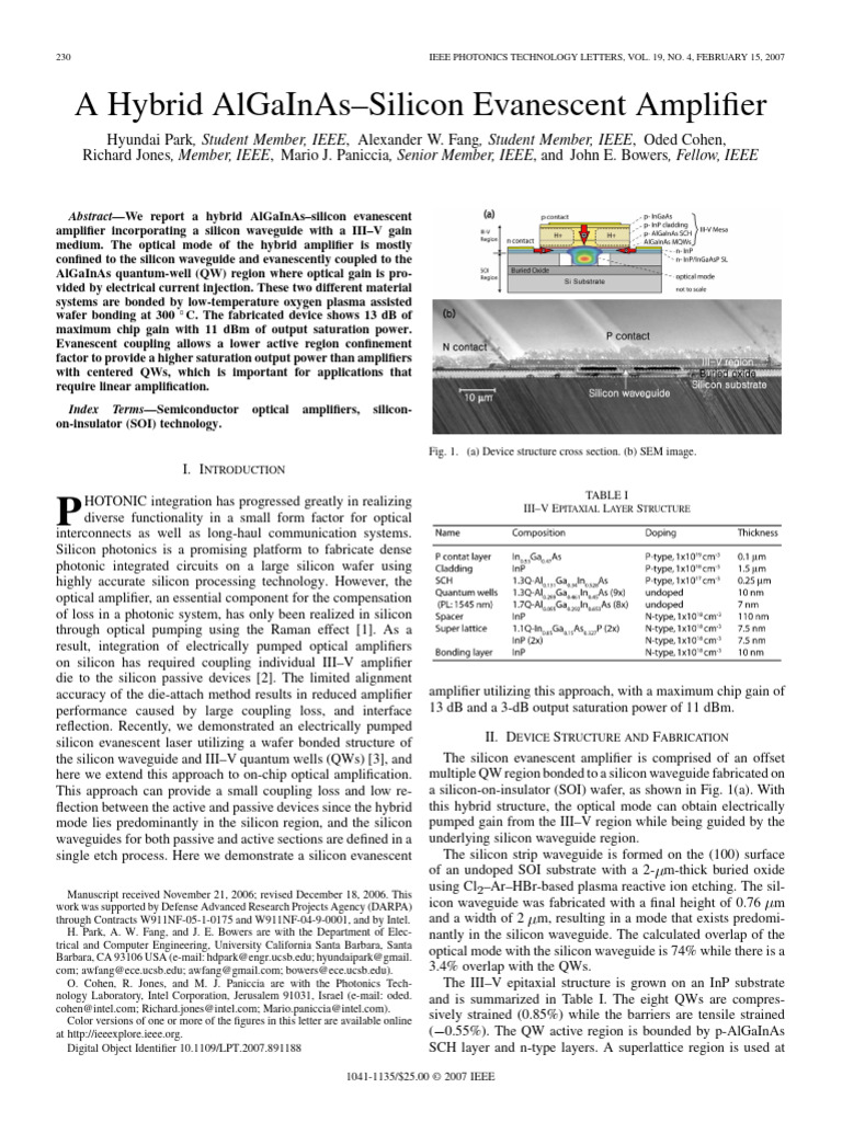 A Hybrid AlGaInAs-Silicon Evanescent Amplifier | PDF | Photonics ...