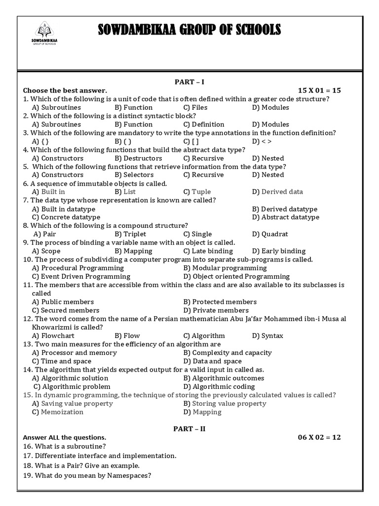 Computer Science Class XII Test | PDF | Data Type | Algorithms