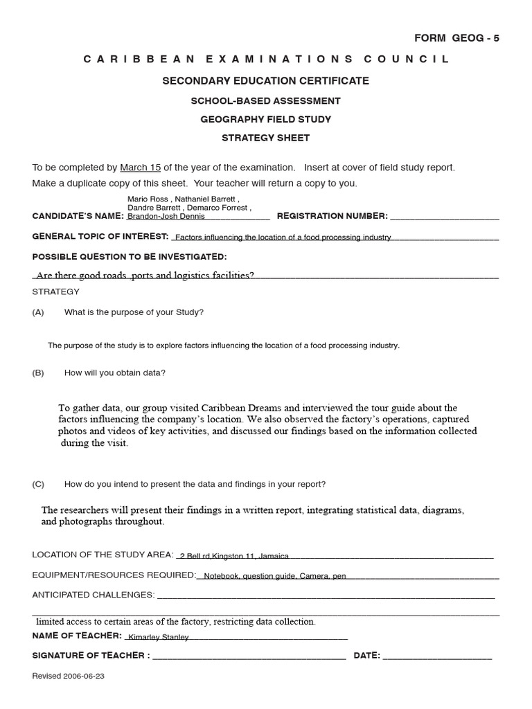 Geography SBA Strategy Sheet | PDF