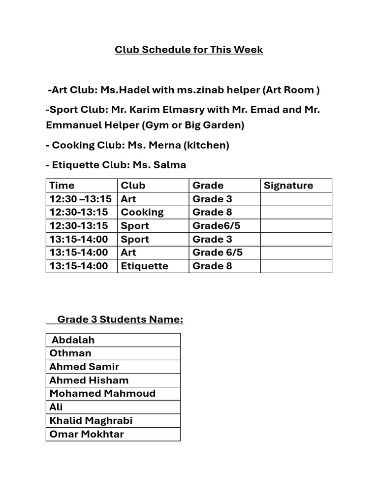 Club Schedule For This Week | PDF