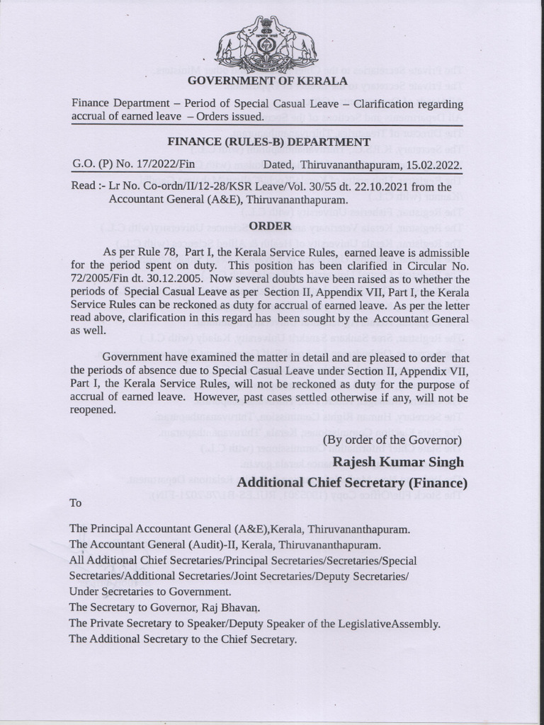 Special Casual Leave and Earned Leave Go 17-2022 | PDF