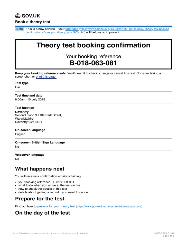 Theory Test Booking Confirmation | PDF