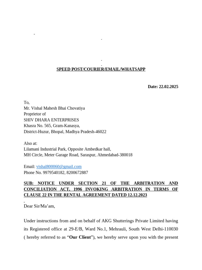 Arbitration Notice to Shiv Dhara Enterprises | PDF | Arbitral Tribunal ...