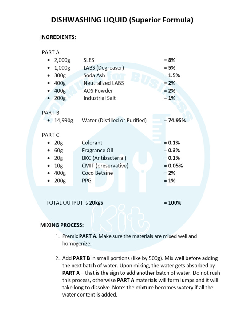 Dishwashing Liquid Formula Guide | PDF