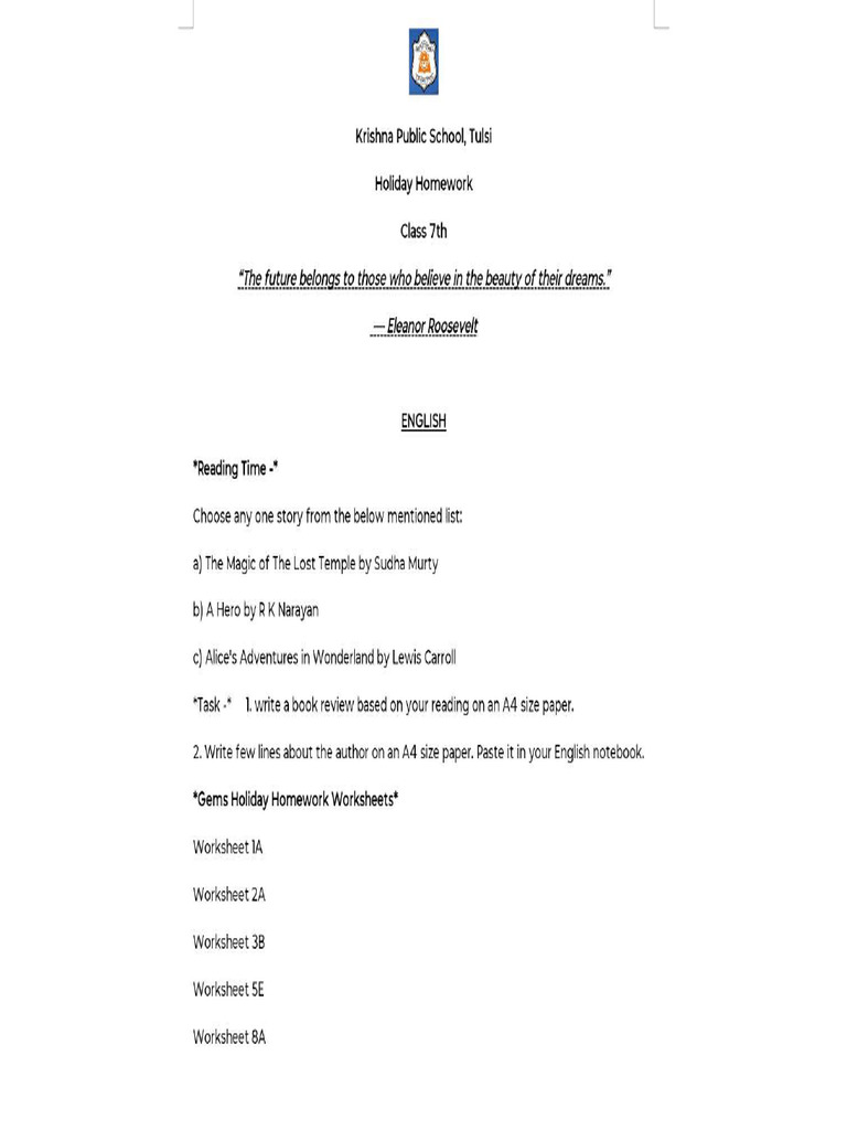 Class 7th Holiday Homework PDF (2025-26) ° | PDF