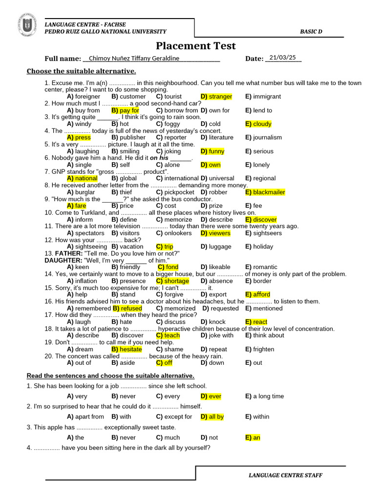Basic English Placement Test - Level D | PDF | Banana