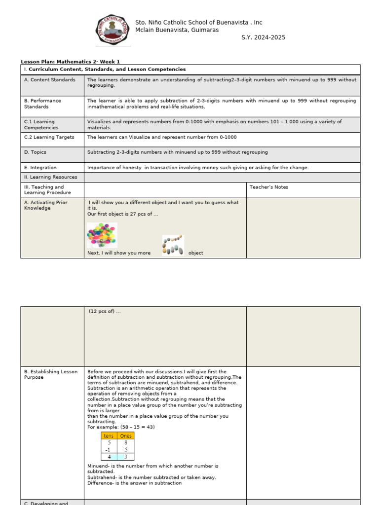Math Lesson Plan: Subtraction for Grade 2 | PDF | Subtraction ...