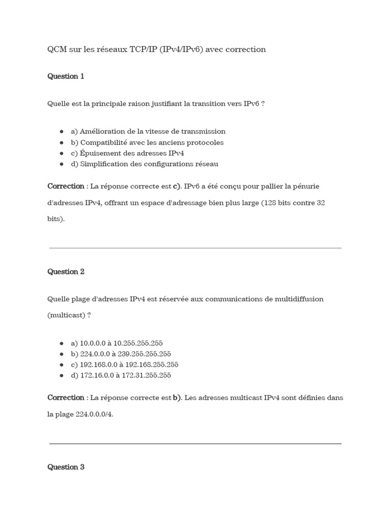 QCM Avancé sur TCP/IP : IPv4 et IPv6 | PDF | I Pv6 | Multidiffusion