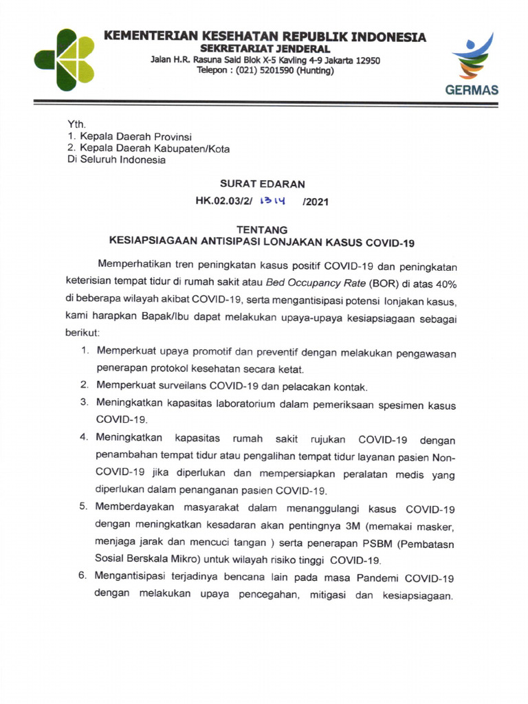 Surat Edaran Kesiapsiagaan COVID 2021 Kemenkes | PDF