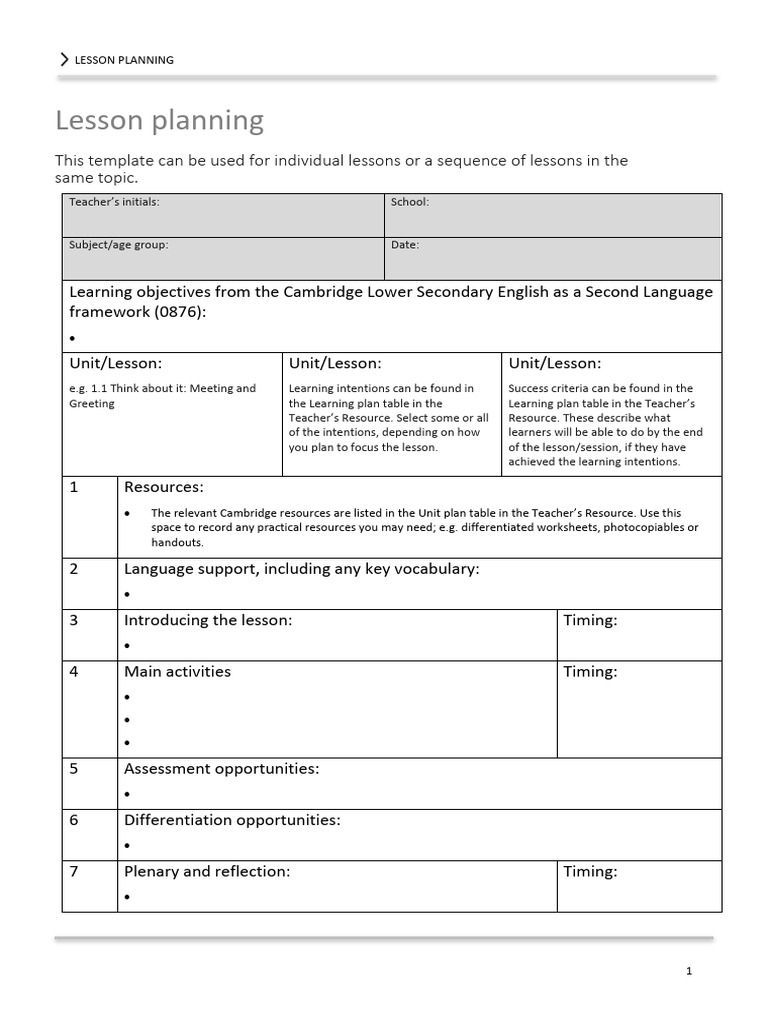 Lesson Planning Template for ESL | PDF